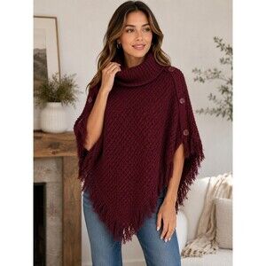 Love by Chelsea & Violet Women's Burgundy Knit Turtleneck Poncho Sweater with...